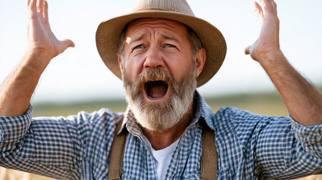 Frustrated mature farmer in a straw hat shouting with raised hands in a agricultural field.