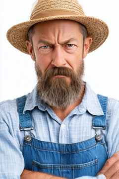Serious stern farmer in denim overalls and a straw hat looking directly at the camera with crossed arms.