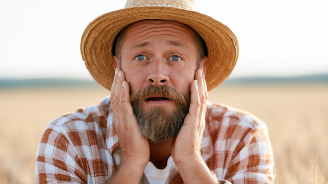 Worried bearded male farmer in a straw hat holding face in shock while standing in a wheat field.