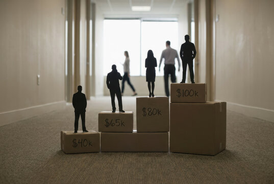 Diverse Silhouettes Stand on Stacked Boxes Labeled 40k 65k 80k 100k in Indoor Corridor