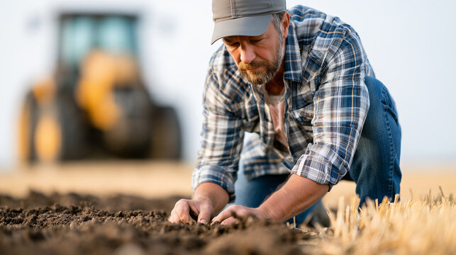 Male farmer checking the quality of soil in a plowed field with a tractor in the background.