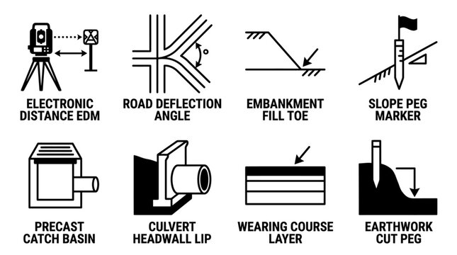 Set of civil engineering and construction site surveying icons for road and earthwork projects with engineering construction surveying electronic distance deflection embankment headwall