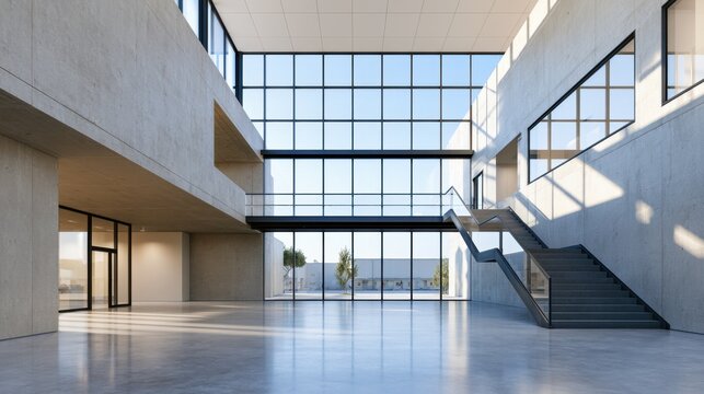 Modern concrete atrium with large grid windows and floating staircase for architectural design and background use