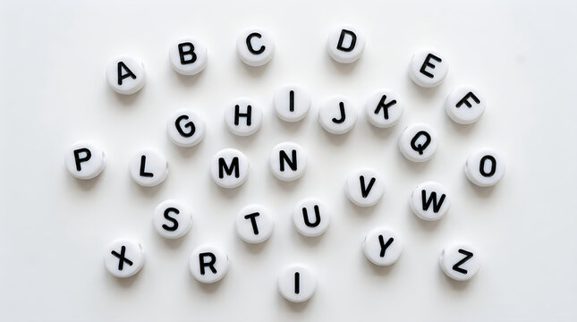 Scattered round white alphabet beads featuring black letters on a neutral background letter beads word game jewelry making craft supplies