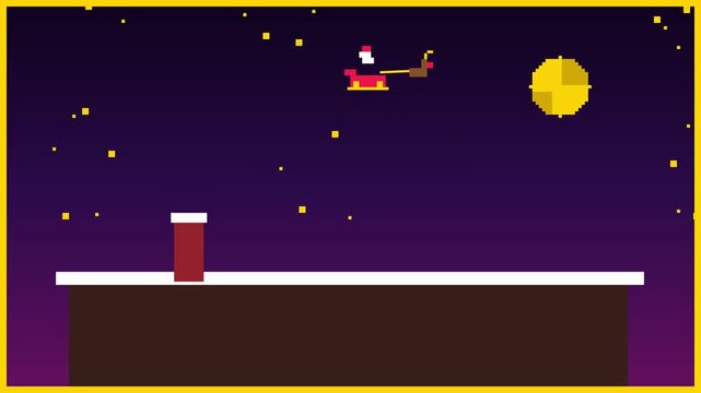 Santa Claus flying across night sky with reindeer and sleigh in retro pixel art video animation format