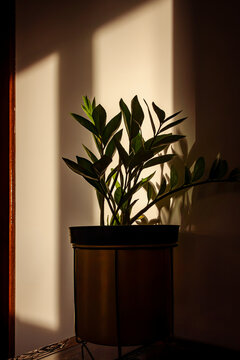 Zamioculcas zamiifolia plant in a minimalist golden planter standing against a white wall, receiving morning sunlight creating strong shadows, highlighting a modern indoor environment