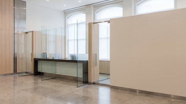 Modern empty bank lobby with glass partitions and service counter