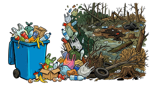 Trash bin overflowing with waste next to a polluted, deforested landscape.