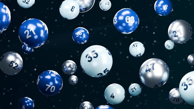 Lottery balls blue silver white numbers gambling jackpot abstract floating spheres on dark festive background for raffle promotion gaming concepts prize draw advertising and entertainment design