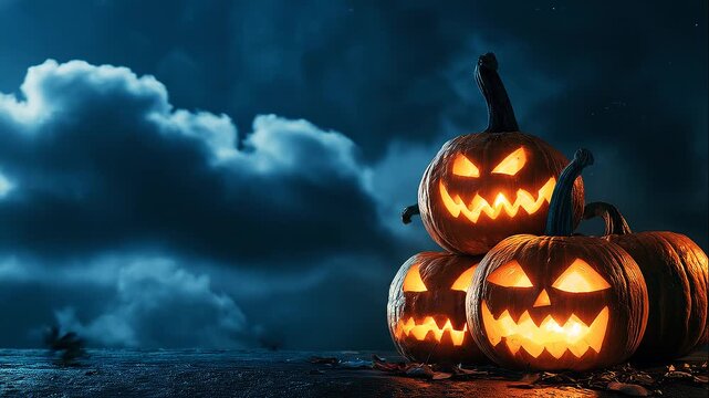 Glowing jack-o-lanterns among orange pumpkins, Halloween 2026, sinister carved faces, candlelight, spooky pumpkin patch, October 31, horror decoration