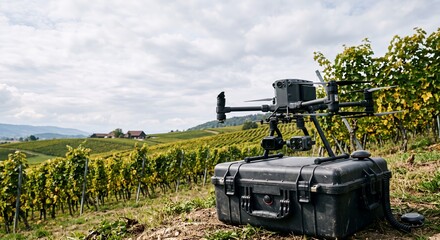 Obraz premium Agricultural Drone Mounted on Protective Transport Case in a Vineyard Landscape