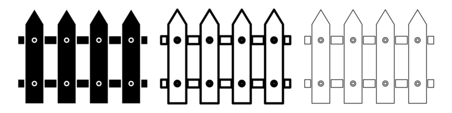Wooden fence icons set in different styles
