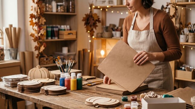 Woman in apron preparing for craft project in workshop with autumn decorations.