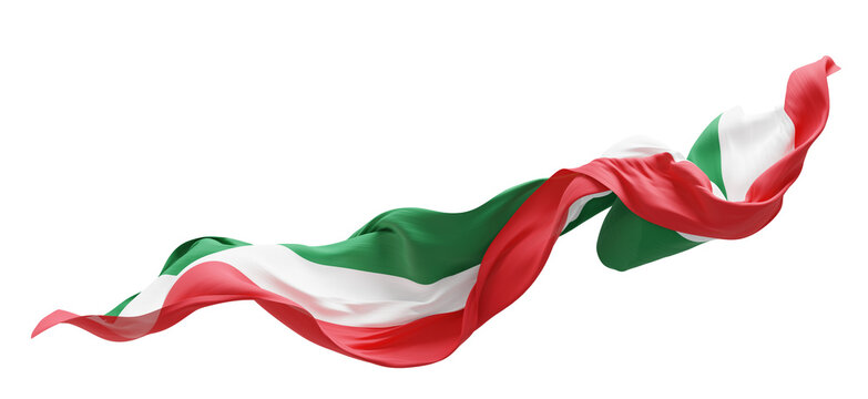 Italian flag ribbon sheer chiffon fabric flowing isolated on transparent background 3D render