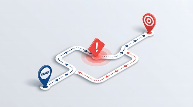 Strategic route planning with a warning sign, illustrating different paths to a goal or solution