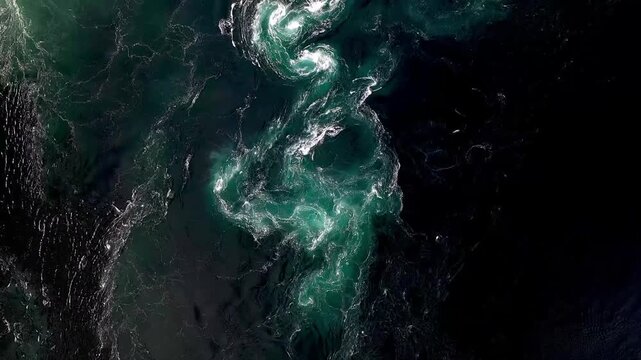 Aerial Top View of Saltstraumen Maelstrom Tidal Whirlpools in Dark Dramatic Norwegian Waters