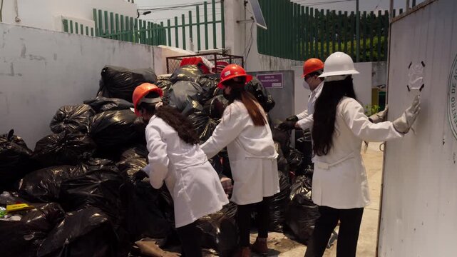 Workers at a recycling facility sort and move black trash bags containing plastic waste, wearing safety coats and helmets, contributing to sustainable construction materials.