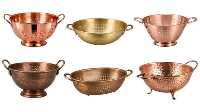 Six metal colanders in copper and brass tones, various shapes, footed and handled styles arranged on a transparent background