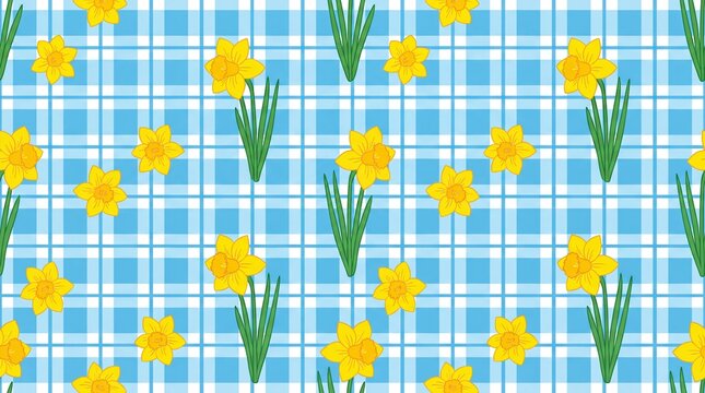Seamless pattern of yellow daffodils on a blue plaid background.