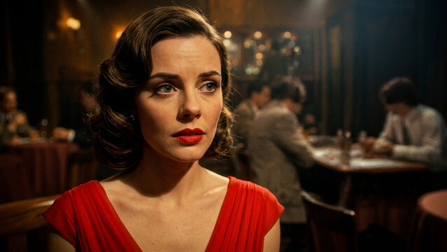 Stunning vintage portrait of a young elegant woman in a red dress sitting in a 1950s atmospheric restaurant