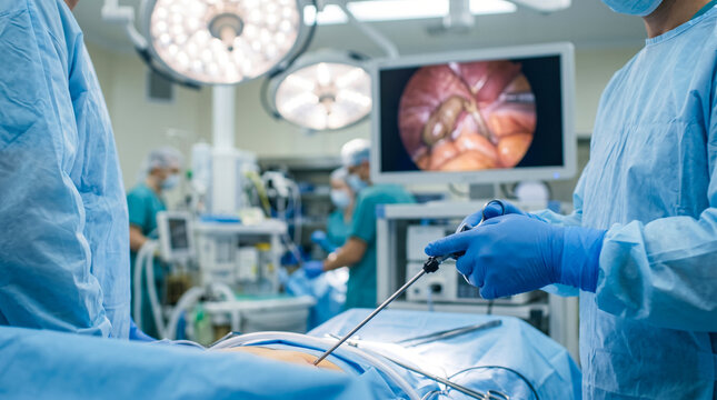 Surgeon performing laparoscopic surgery with monitor in operating room, advanced healthcare and medical technology
