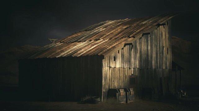 Nightfall highlights textured grain and creaking doorway ambiance. Silent night scene with rusted slats and textured weathered facade casting shadows