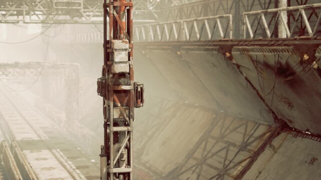 Closeup corroded support column lit shafts, vertical scaffolding wraps massive pillar, intricate welds and textured patina visible, crane silhouette