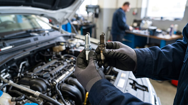Mechanic comparing new and used spark plugs at car engine, automotive maintenance and vehicle repair