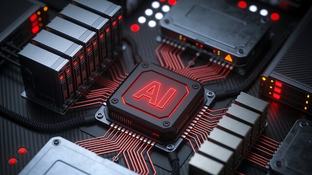 Powerful AI processor chip glowing red on high tech server hardware motherboard