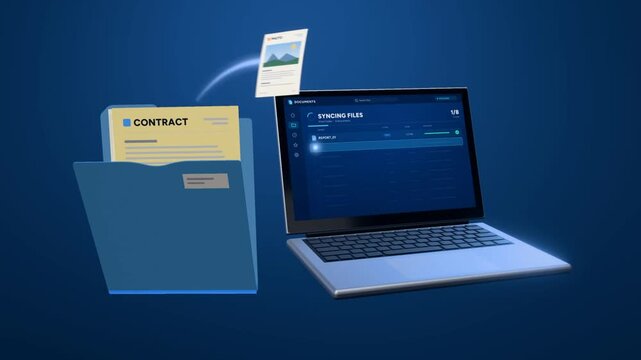 Laptop file sync animation, paper documents fly from a folder onto the screen until all files are synced