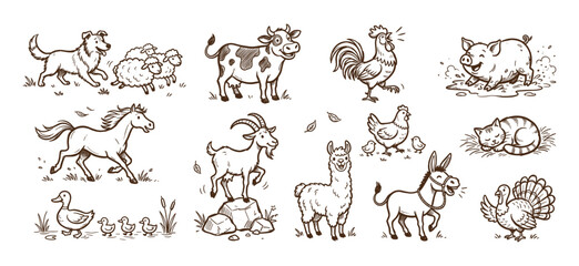 Fototapeta premium Farm Animals Vector Set Hand Drawn Countryside Brown Line Art