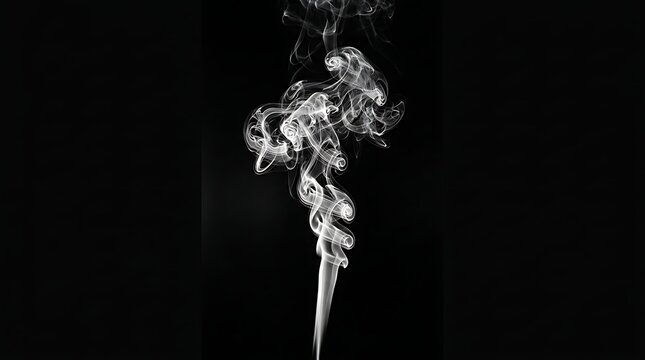 Ethereal white smoke plume on black background, wispy steam swirls and vapor trails, abstract smoky texture for creative design overlays