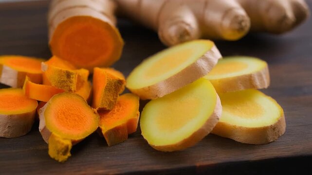 Fresh ginger slices and turmeric root on a wooden table