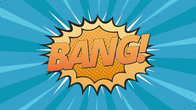 Comic book style Bang explosion graphic with blue sunburst background