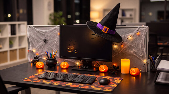 Halloween decorated office desk with witch hat on computer monitor, corporate workplace celebration and festive culture