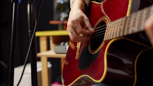 Close up of musician playing acoustic guitar