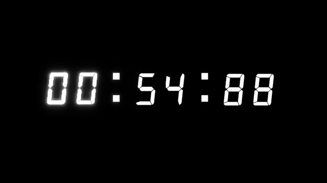 60 second digital countdown animation with glow from 59 to 0 second in black background 4k
