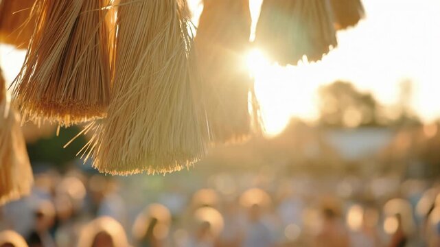 Hanging natural fiber bundles sway gently in warm backlight above a blurred outdoor crowd, with dry strands glowing along their edges as low golden sunlight creates soft circular bokeh