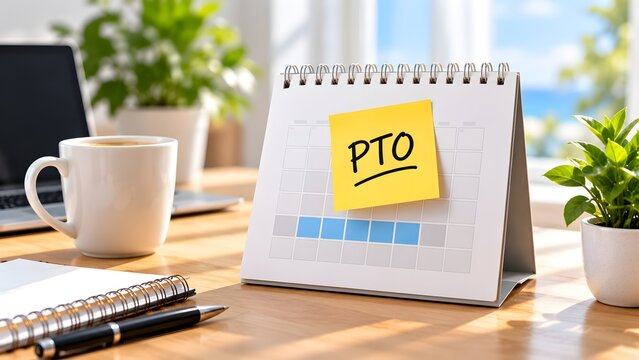 Paid time off scheduling with PTO sticky note on office desk calendar representing employee benefits and workplace wellness