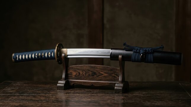 Katana sword on wooden display stand against dark background. Cord-wrapped handle and polished blade detail. Japanese samurai weapon and martial arts concept. Copy space.