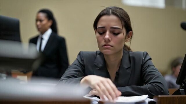Emotional moment in court as woman reacts during important legal proceedings