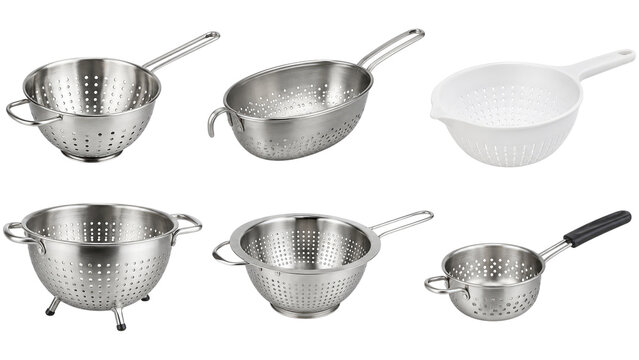 Collection of stainless steel and plastic colanders and strainers with various handles, feet and perforations shown on a transparent background