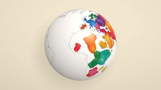 Rotating white globe, continent outlines fill with colorful watercolor paint as the Earth spins