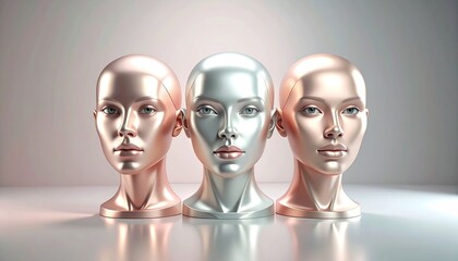 Fototapeta premium Three Metallic Female Robot Heads in Rose Gold, Silver, and Bronze on Gray Background