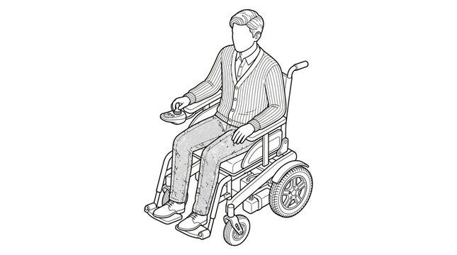 Line art illustration of a man sitting in a motorized electric wheelchair using a joystick controller for independent mobility and accessibility.