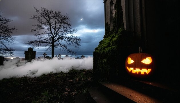 Glowing Halloween Jack-o'-lantern on Stone Steps in Foggy Graveyard