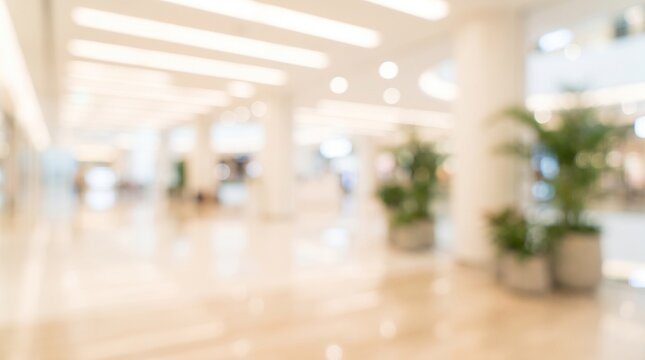 Blurred abstract background of modern shopping mall interior with bright bokeh lights