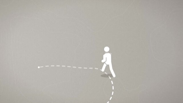Pictogram person walking a winding dashed path past checkpoints to a red location pin and celebrating
