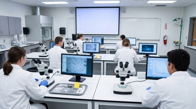 Students in lab coats operating microscopes and computer monitors representing forensic science classroom setup and medical research education