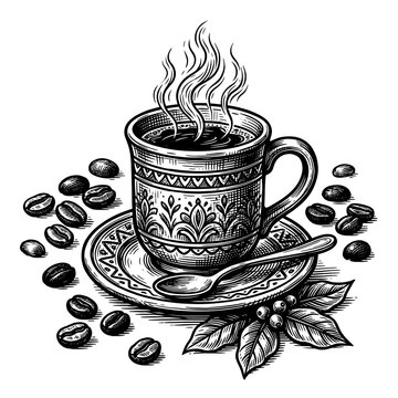 A coffee cup or mug and coffee beans illustration in a vintage retro woodcut etching style